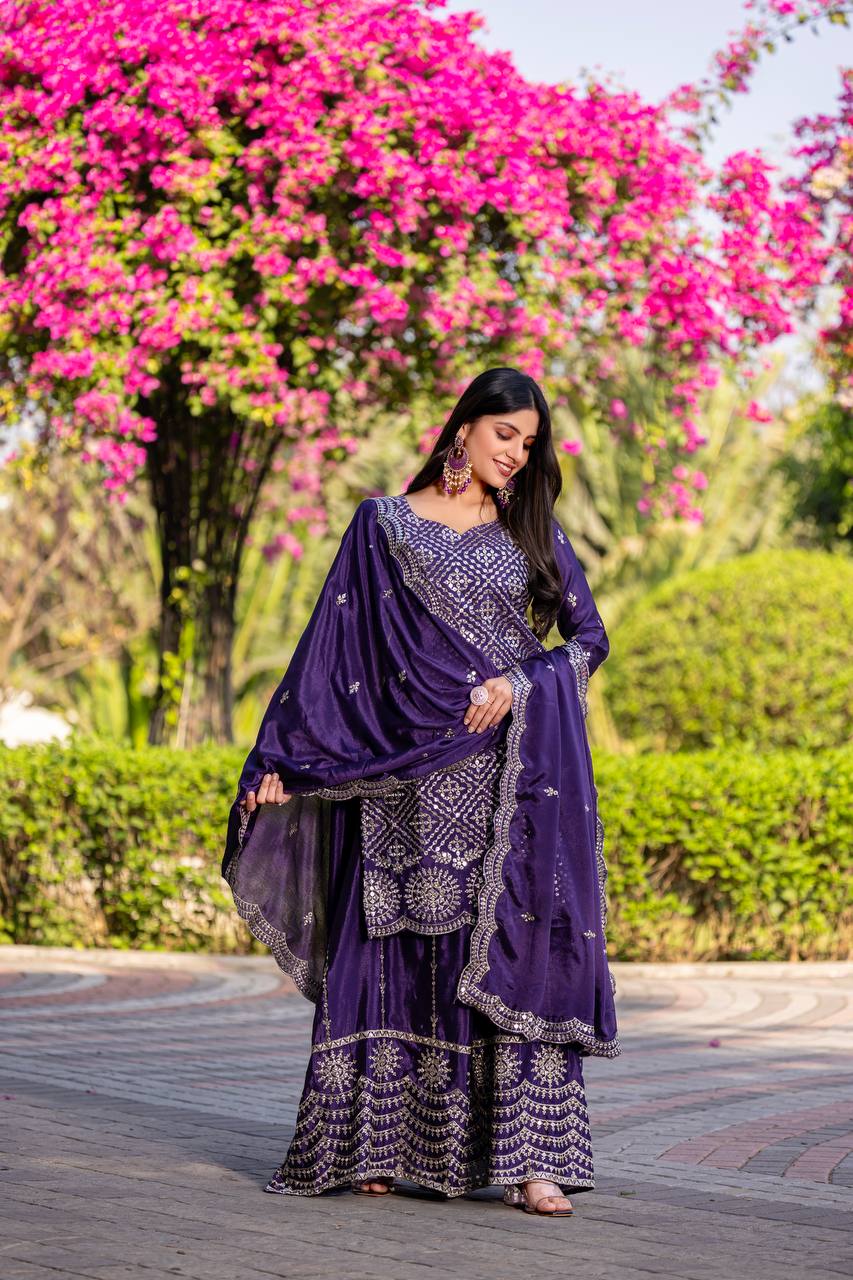 Designer Chinon Kurti Plazzo Set with Embroidered Dupatta | RoopRivaaj