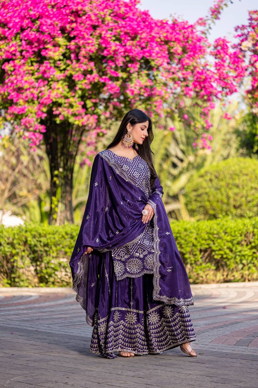 Designer Chinon Kurti Plazzo Set with Embroidered Dupatta | RoopRivaaj