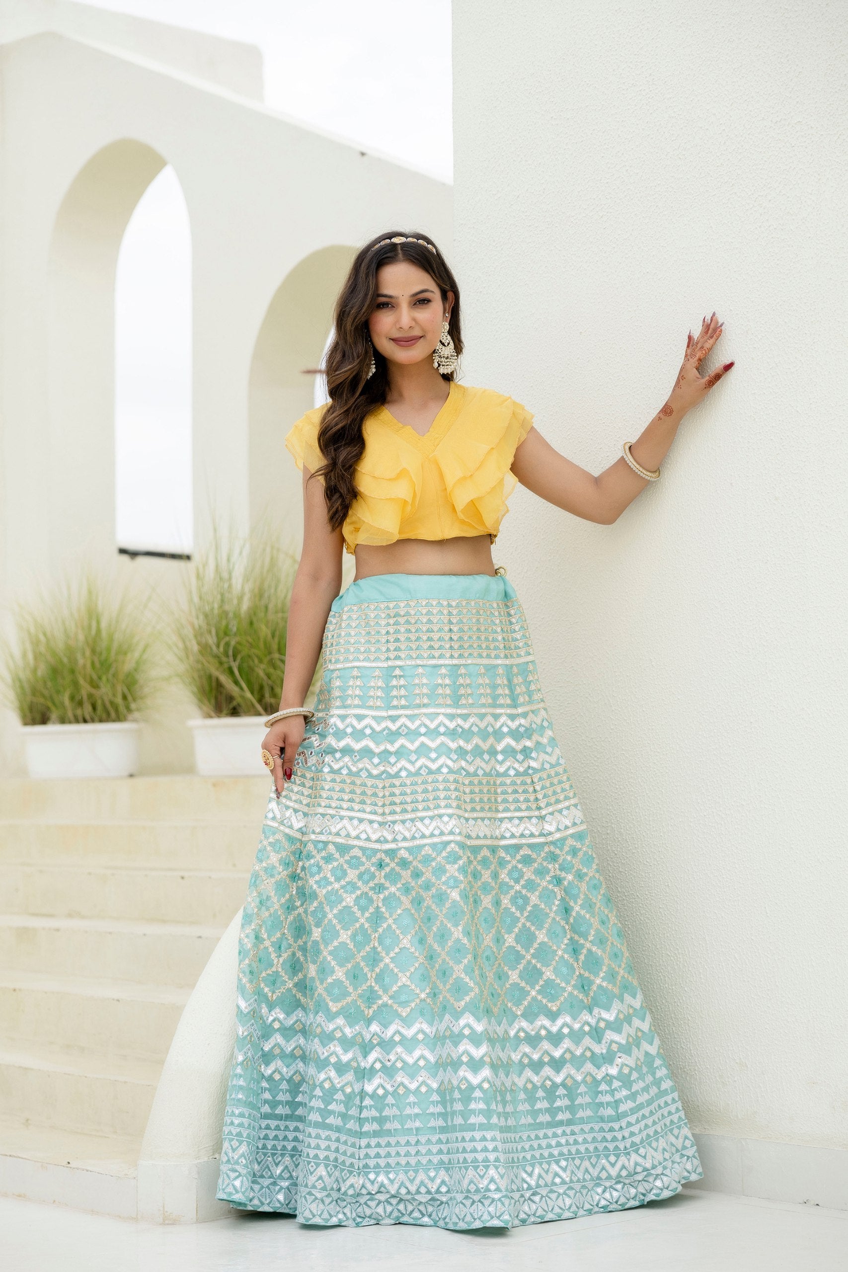Shimmering Organza Lehenga Set with Sequins & Foil Detailing | RoopRivaaj