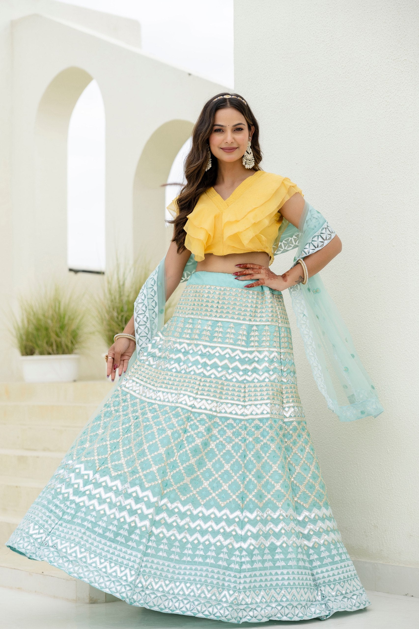 Shimmering Organza Lehenga Set with Sequins & Foil Detailing | RoopRivaaj