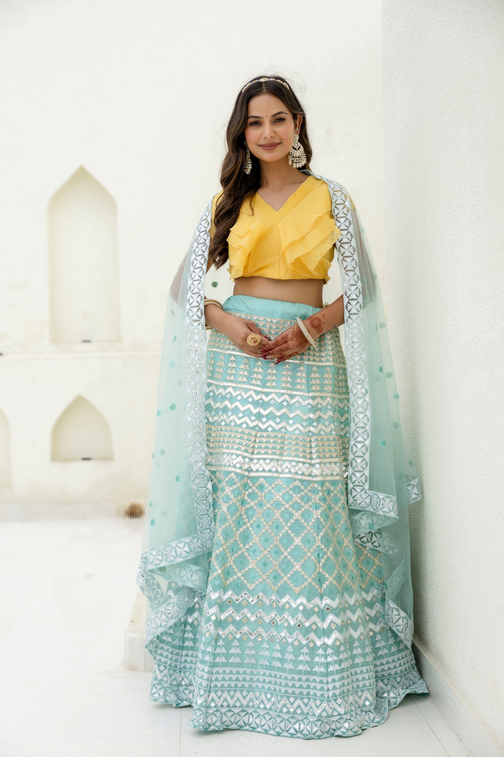 Shimmering Organza Lehenga Set with Sequins & Foil Detailing | RoopRivaaj