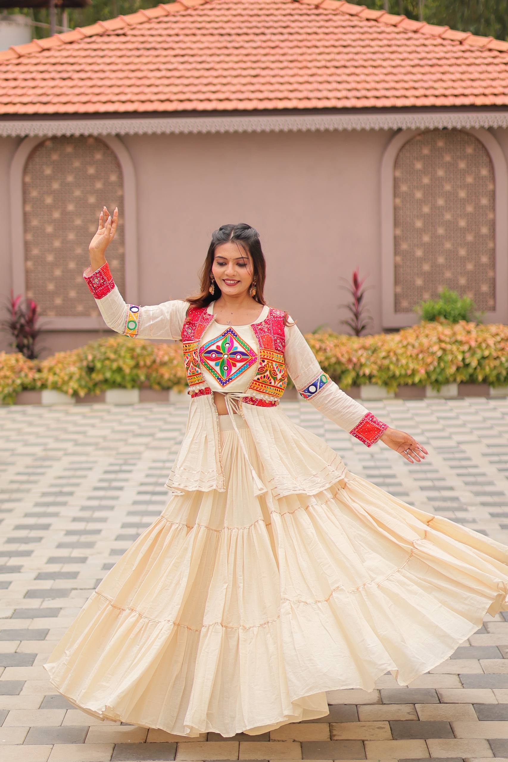 White Navratri Special Gamthi Work Lehenga Choli with Koti | RoopRivaaj