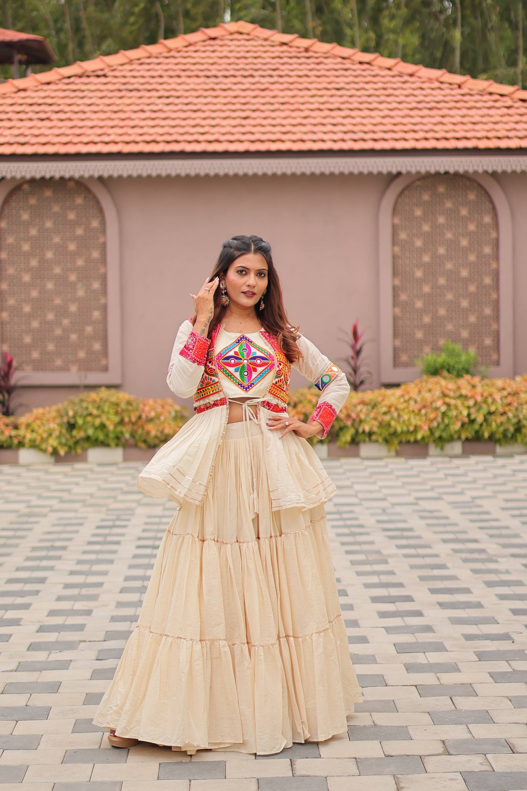White Navratri Special Gamthi Work Lehenga Choli with Koti | RoopRivaaj