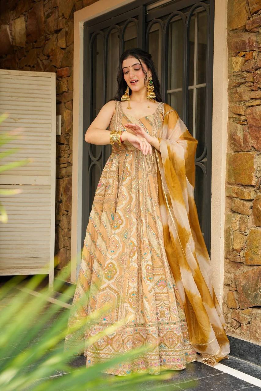 Jimmy Organza Silk Digital Printed Anarkali Gown with Huge Flair | RoopRivaaj