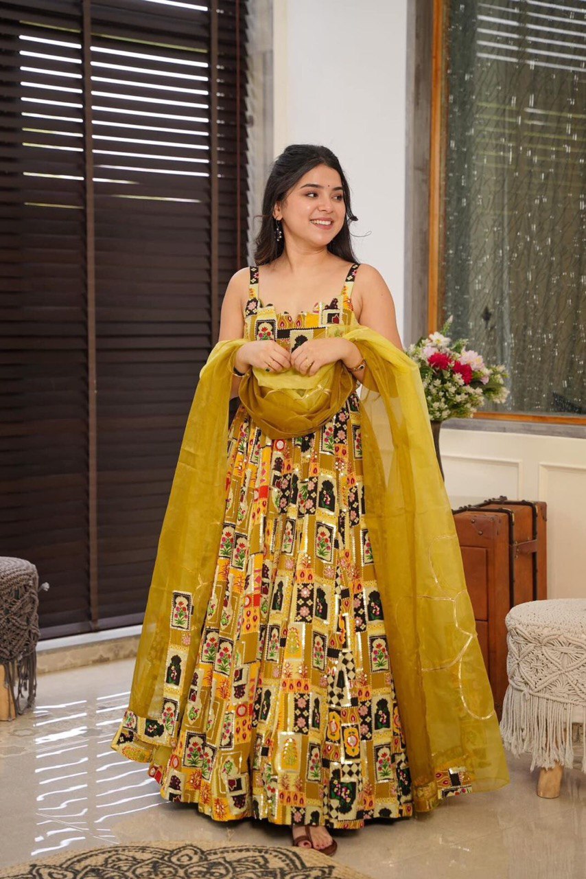 Jimmy Organza Silk Digital Printed Anarkali Gown with 8 Meter Flair | RoopRivaaj