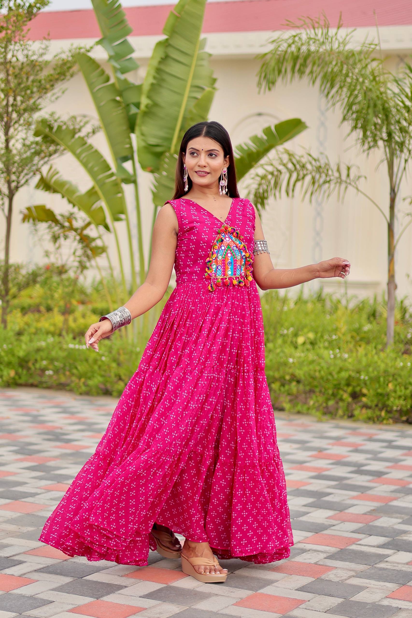 Navratri Gamathi Work Gown with Mirror Embroidery | RoopRivaaj