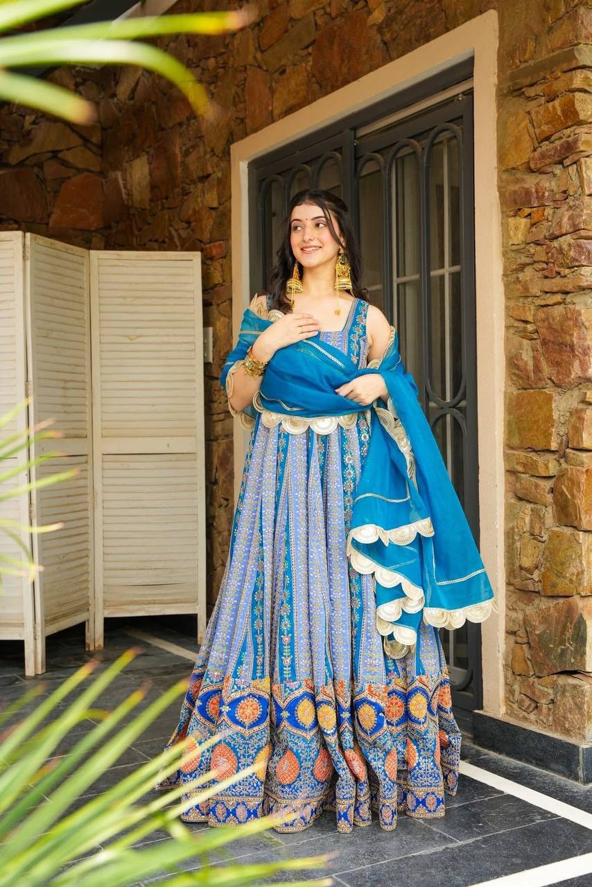 Digital Printed Jimmy Organza Silk Anarkali Gown with 8 Meter Flair | RoopRivaaj