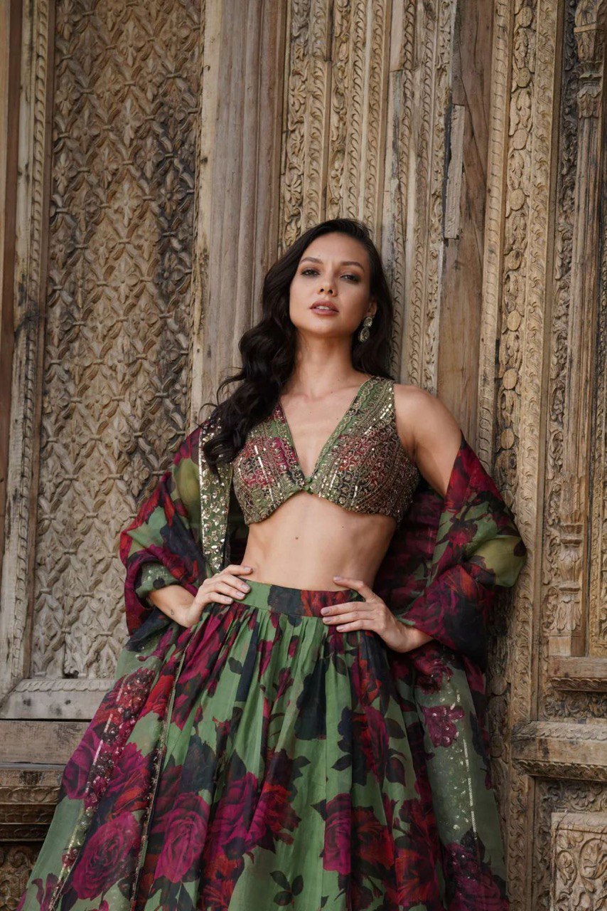 Floral Digital Print Tabby Organza Lehenga Choli Set | RoopRivaaj