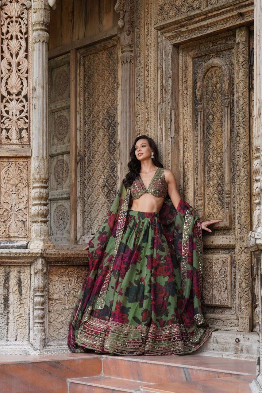 Floral Digital Print Tabby Organza Lehenga Choli Set | RoopRivaaj