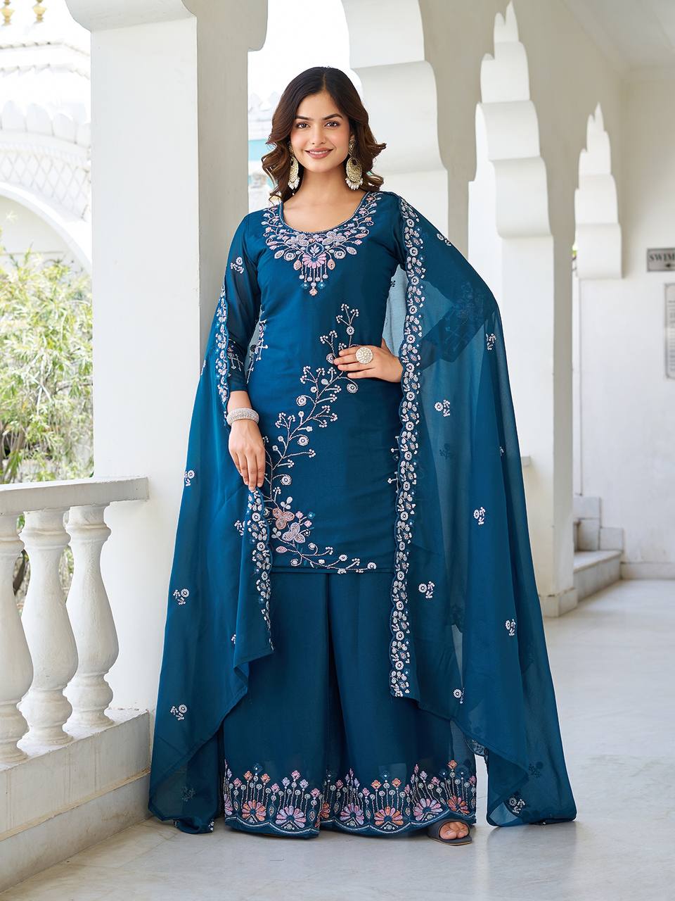 Designer Moti Work Kurti with Plazzo and Dupatta Set | RoopRivaaj