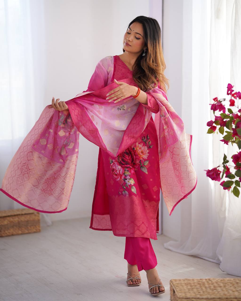 Chanderi Silk Digital Print Kurti Pant Dupatta Set | RoopRivaaj
