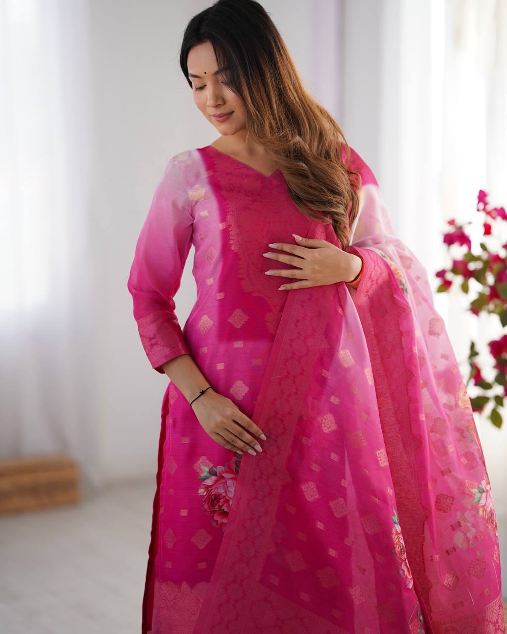 Chanderi Silk Digital Print Kurti Pant Dupatta Set | RoopRivaaj