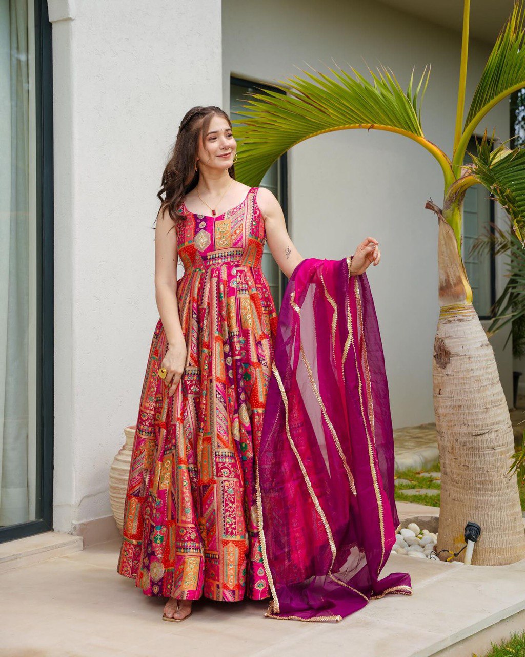 Jimmy Organza Silk Digital Printed Anarkali Gown with 8 Meter Flair | RoopRivaaj