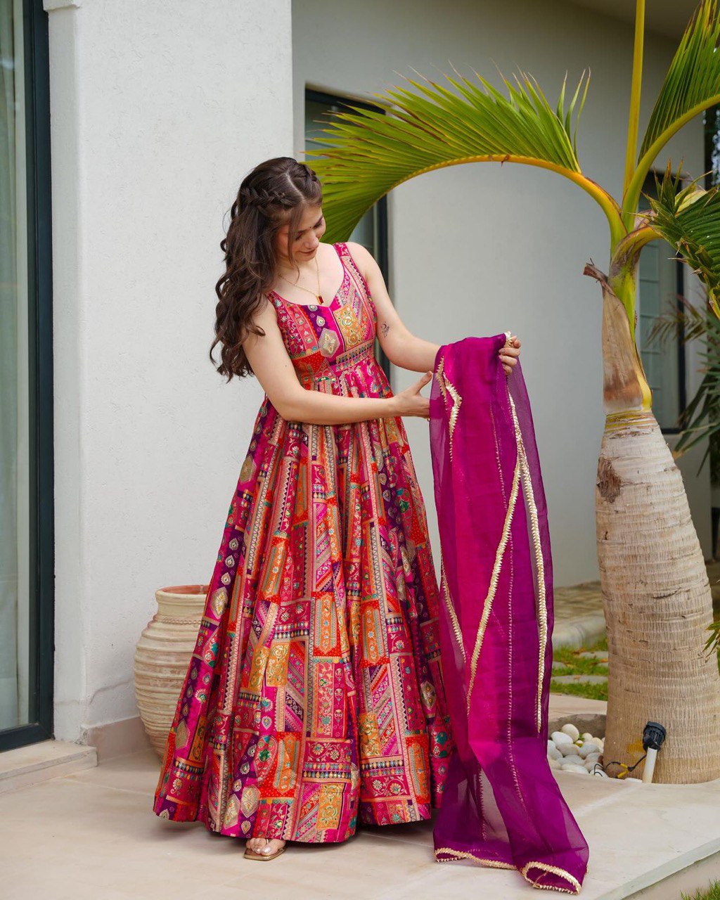 Jimmy Organza Silk Digital Printed Anarkali Gown with 8 Meter Flair | RoopRivaaj