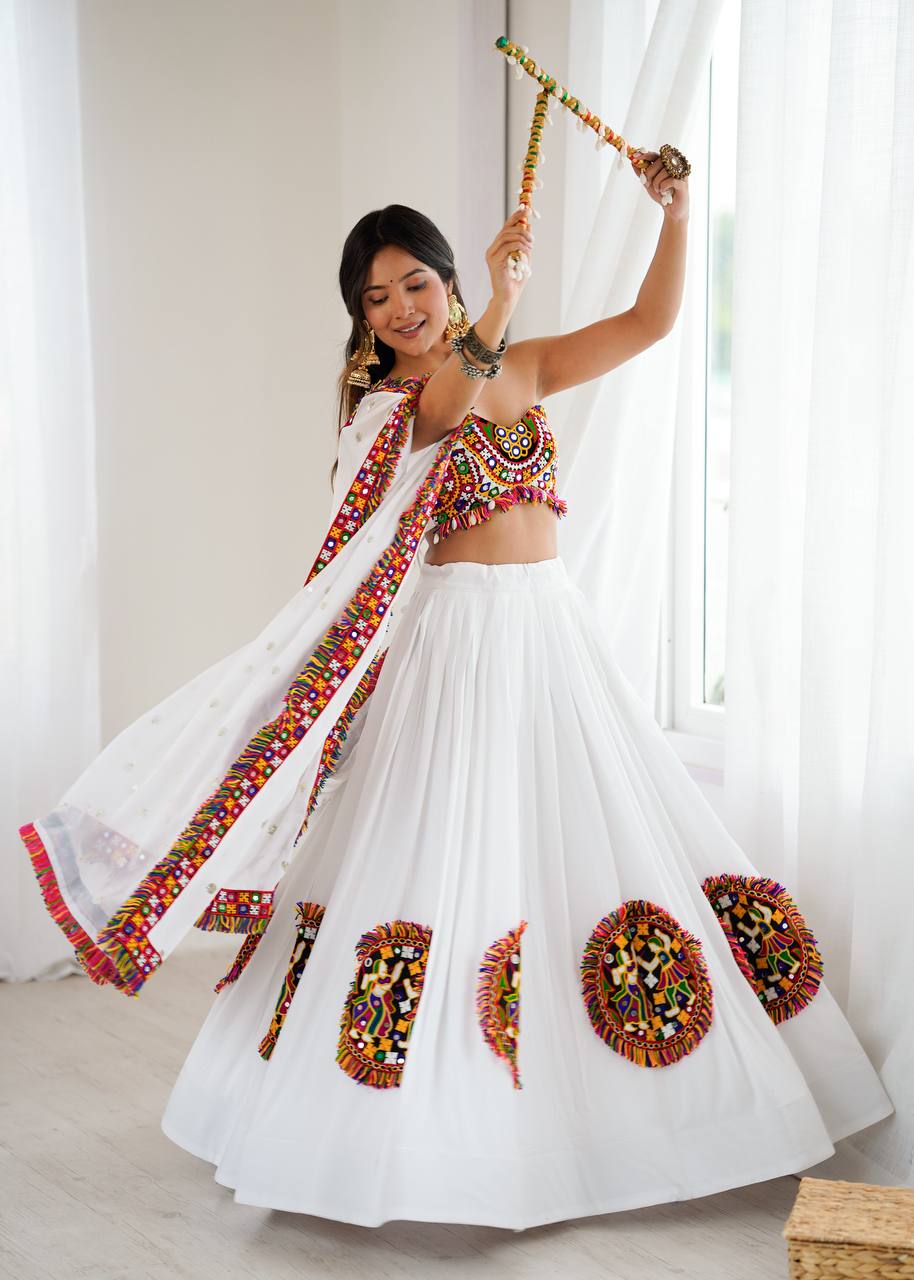 Gamthi Mirror Work Rayon Navratri Lehenga Choli Set | RoopRivaaj