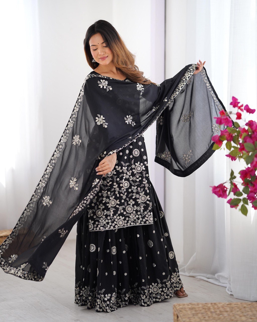 Star Georgette Sharara Set with Dual Side Embroidery | RoopRivaaj