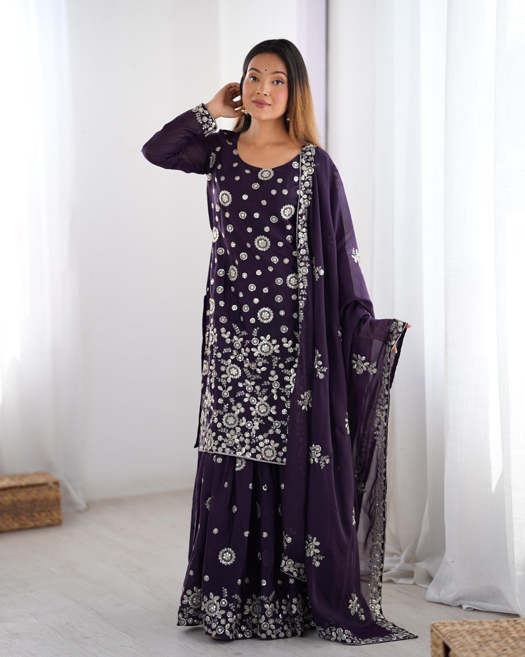 Star Georgette Sharara Set with Dual Side Embroidery | RoopRivaaj