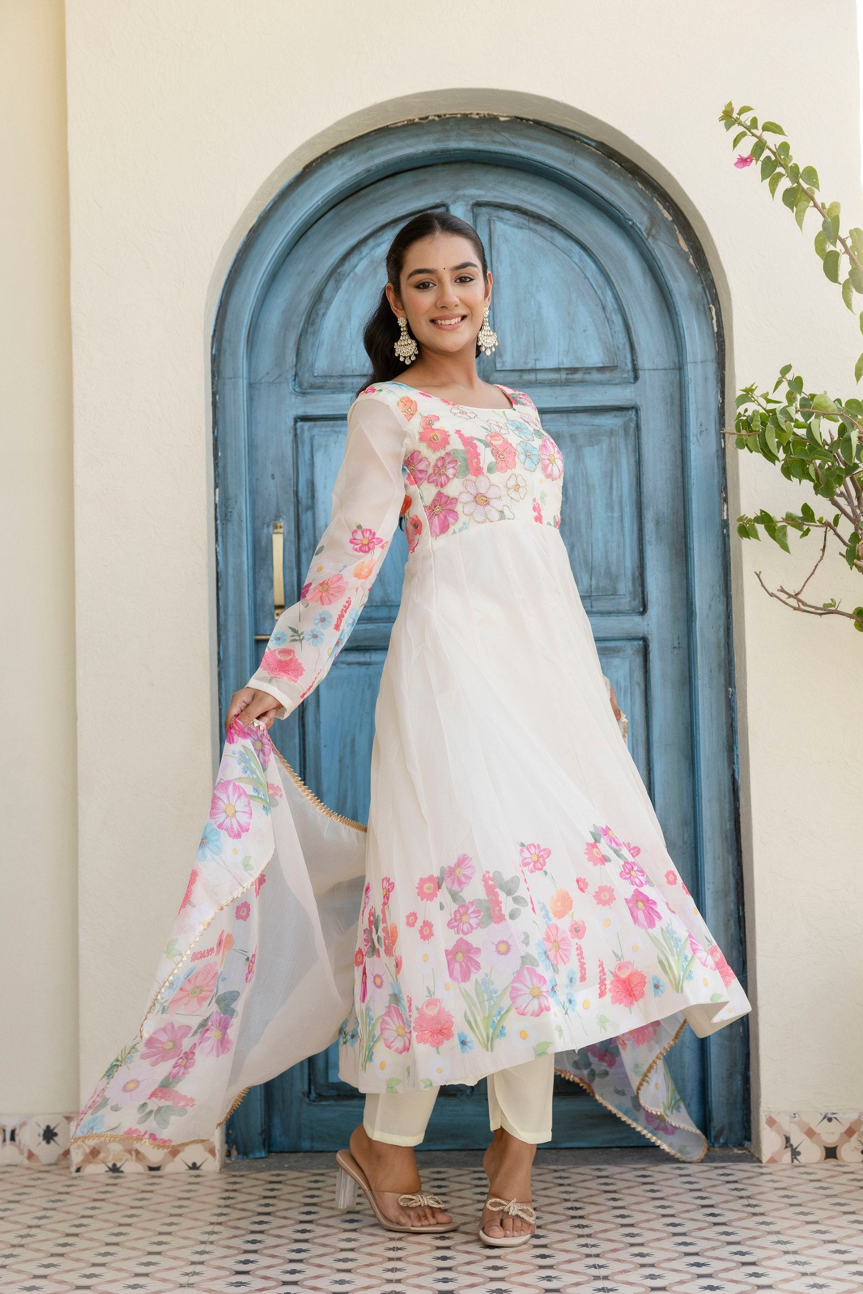 Floral Organza Silk Anarkali Set with Badla Zari | RoopRivaaj