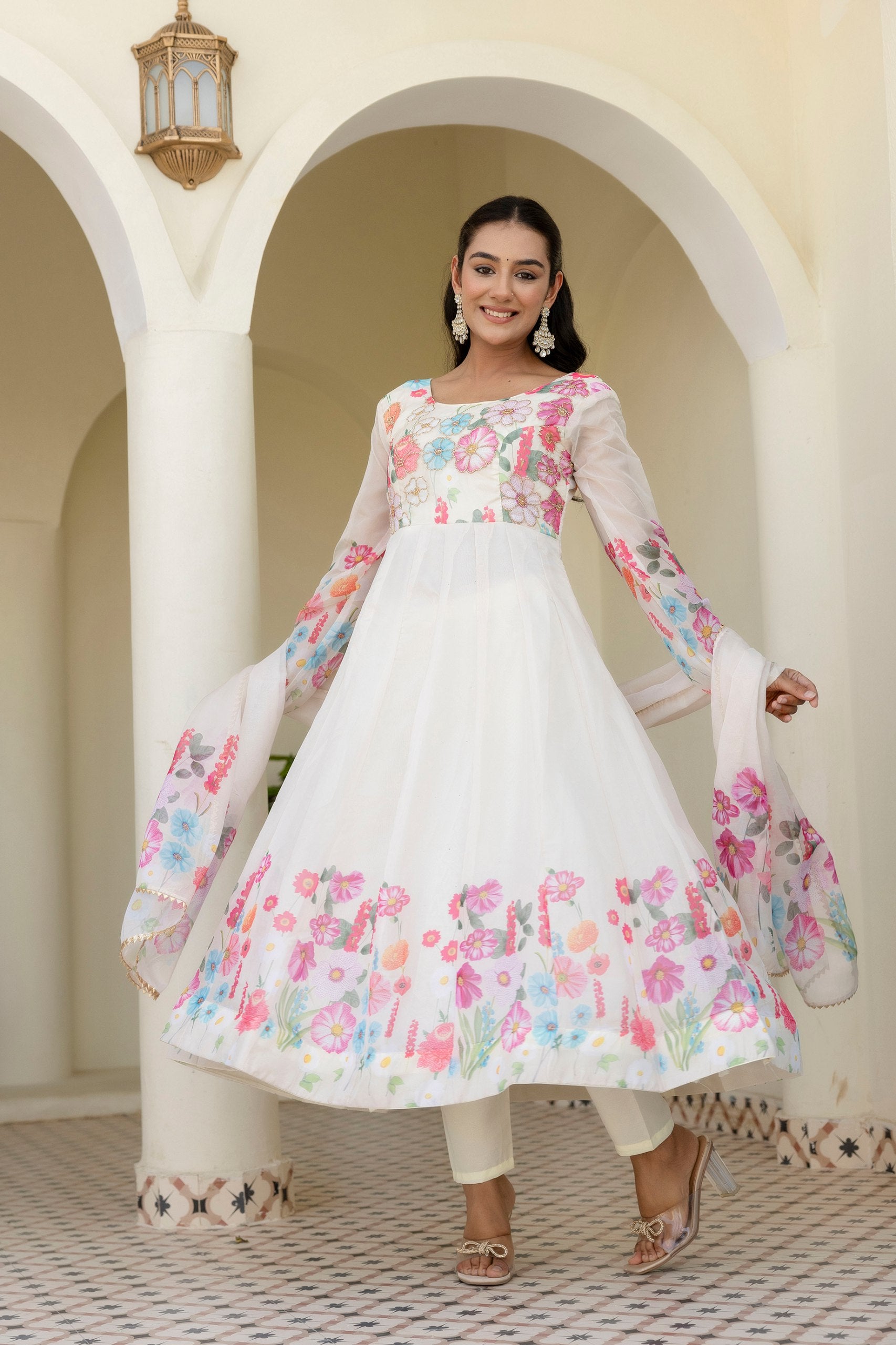 Floral Organza Silk Anarkali Set with Badla Zari | RoopRivaaj