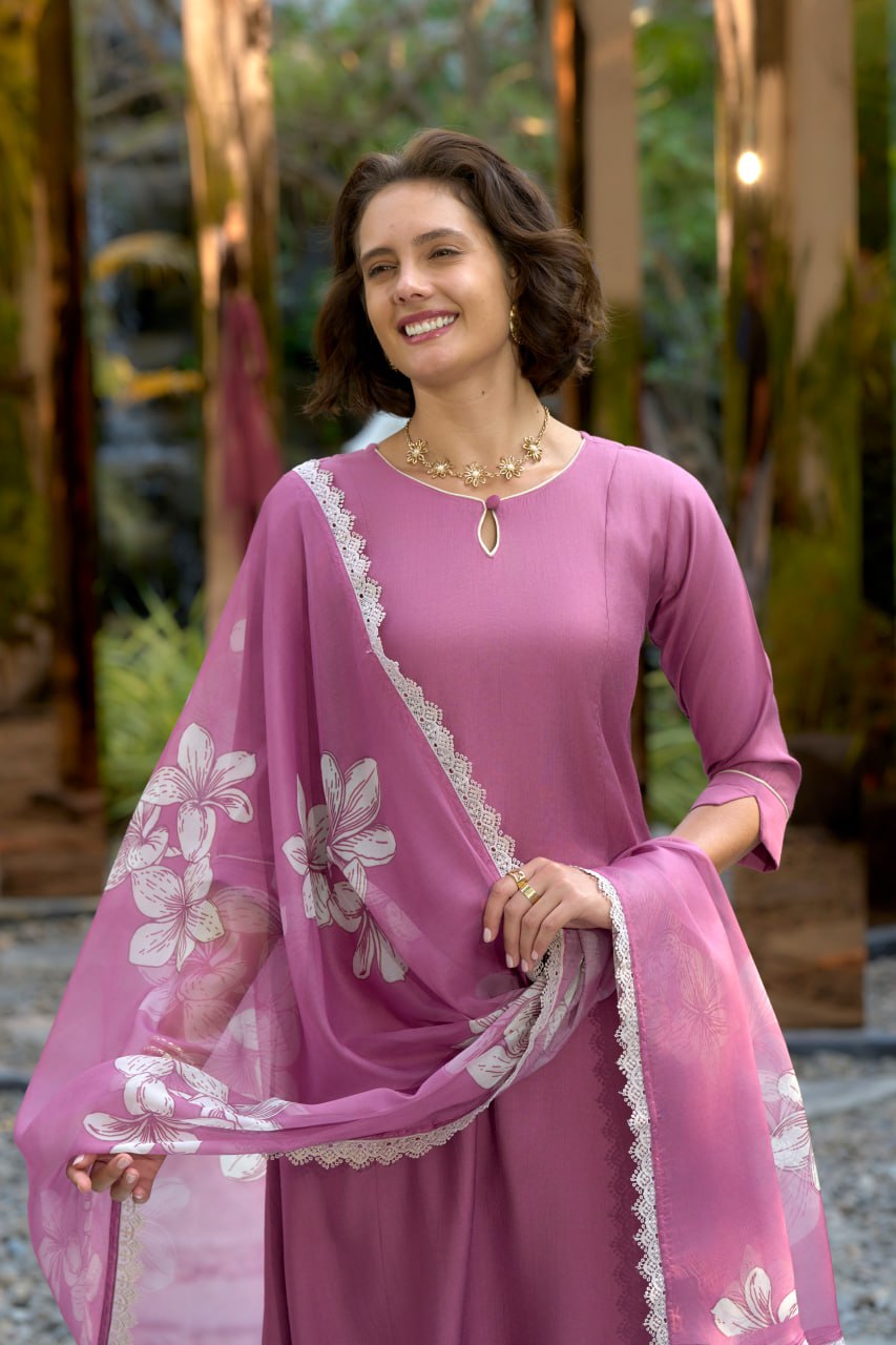 Elegant Orchid Straight Kurti Pant Dupatta Set | RoopRivaaj