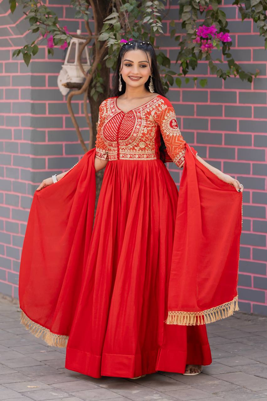 Festive Bandhej Chinon Anarkali Gown with Dupatta | RoopRivaaj