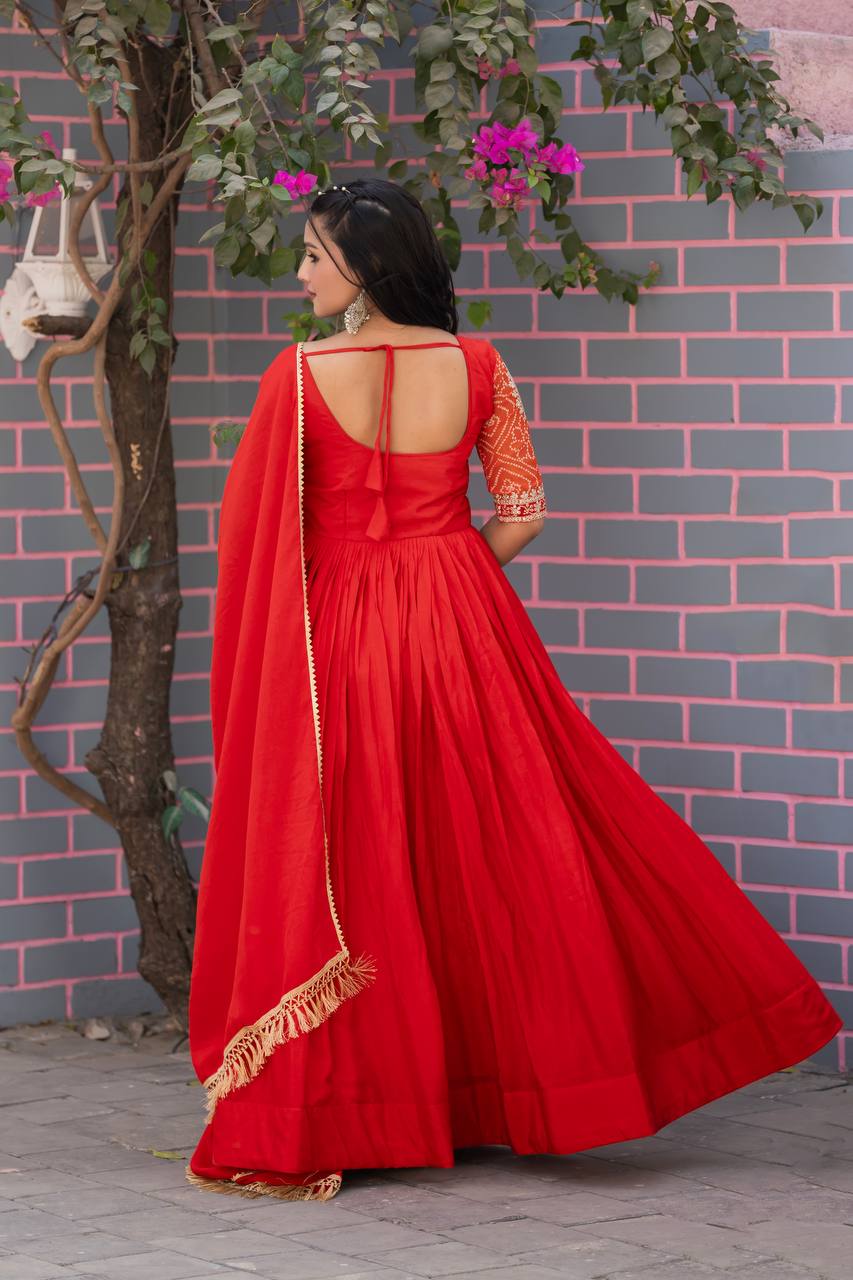 Festive Bandhej Chinon Anarkali Gown with Dupatta | RoopRivaaj