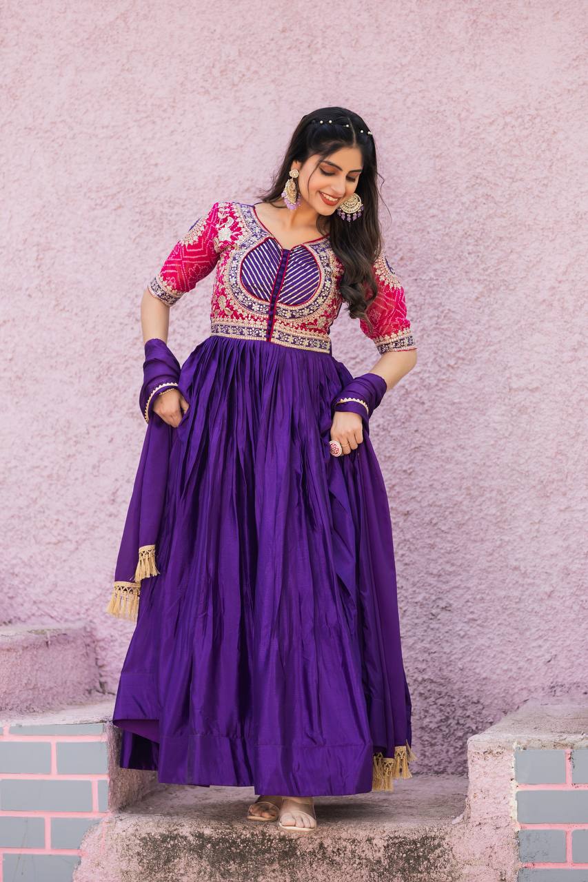 Festive Bandhej Chinon Anarkali Gown with Dupatta | RoopRivaaj