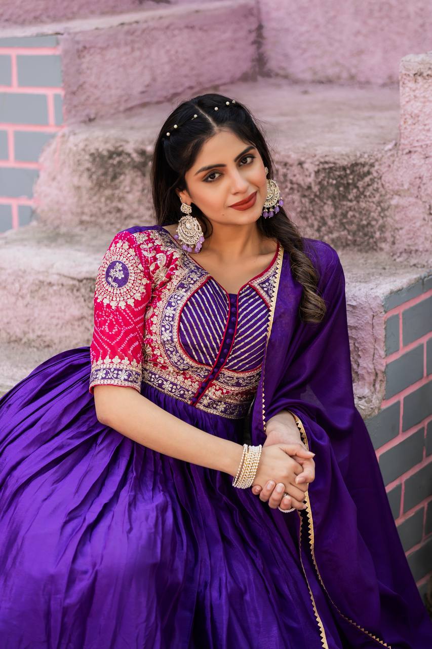 Festive Bandhej Chinon Anarkali Gown with Dupatta | RoopRivaaj