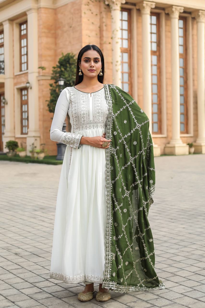 Premium Chinon Silk Anarkali Gown with Bottom & Dupatta | RoopRivaaj