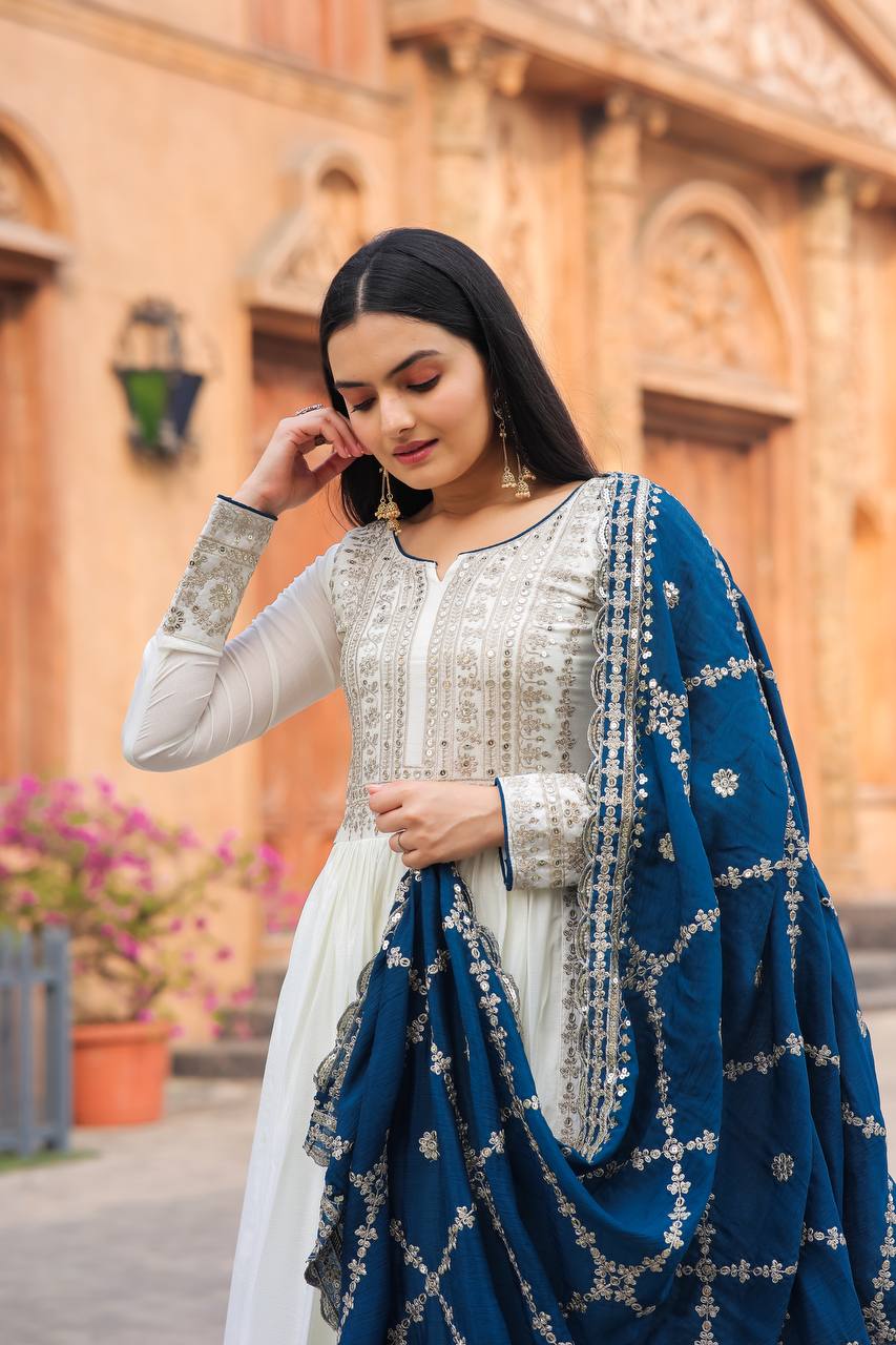 Premium Chinon Silk Anarkali Gown with Bottom & Dupatta | RoopRivaaj