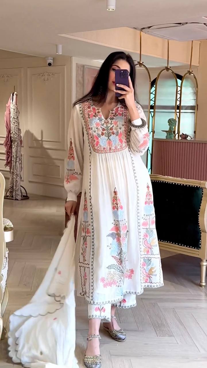 Designer Partywear Embroidered Top Plazzo Set with Cutwork Dupatta | RoopRivaaj