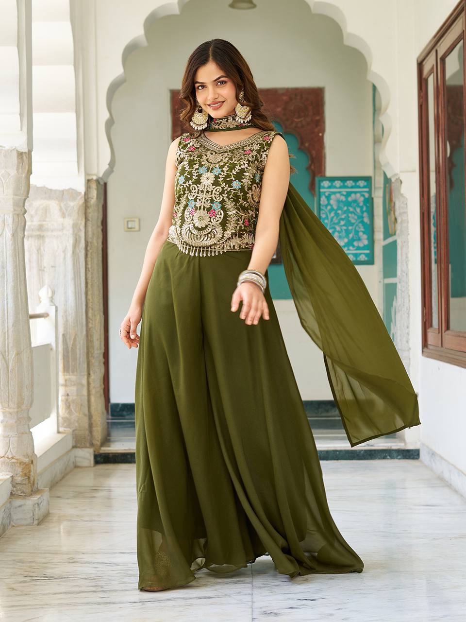 Designer Embroidered Star Georgette Palazzo Set | RoopRivaaj