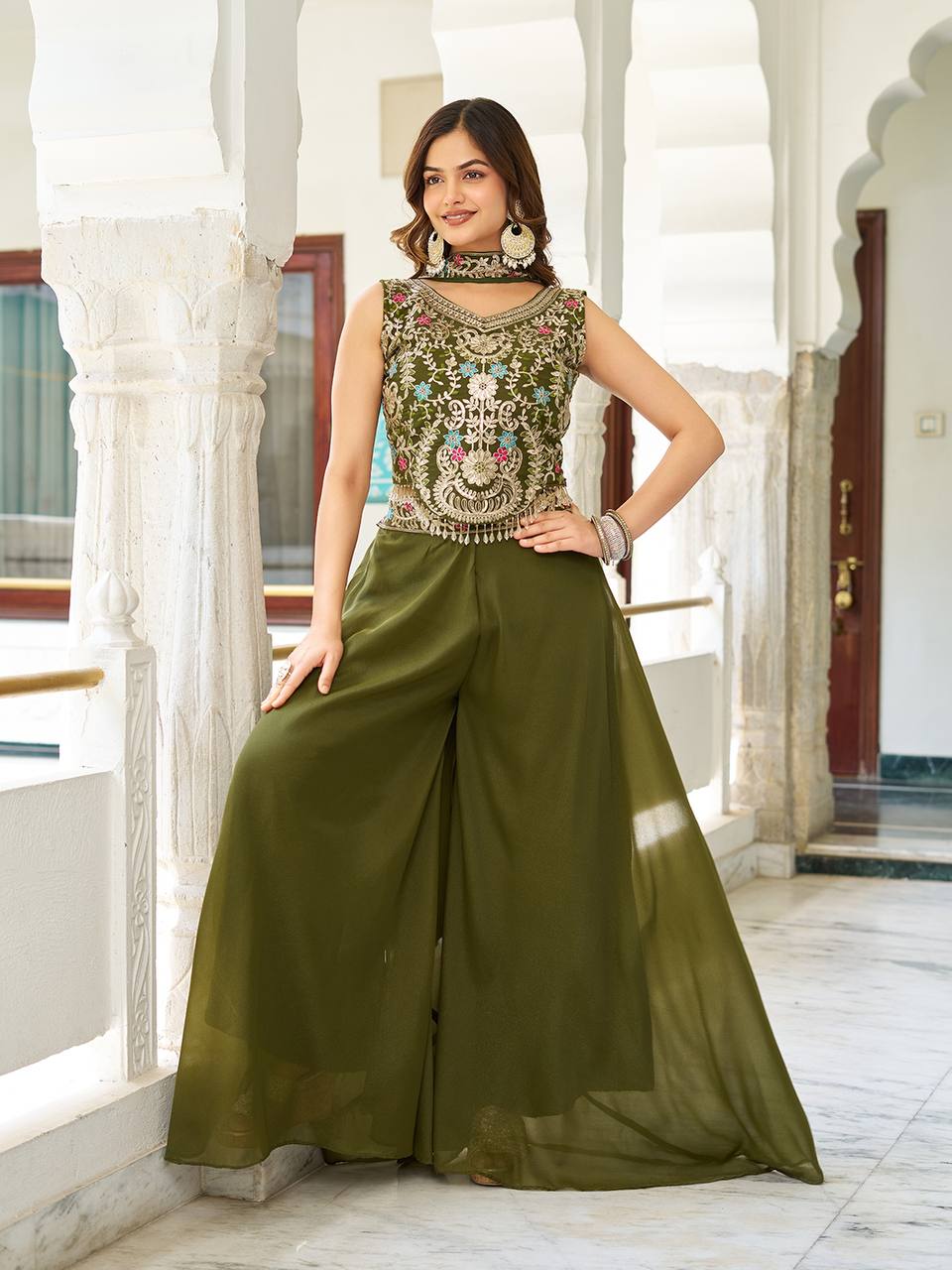 Designer Embroidered Star Georgette Palazzo Set | RoopRivaaj