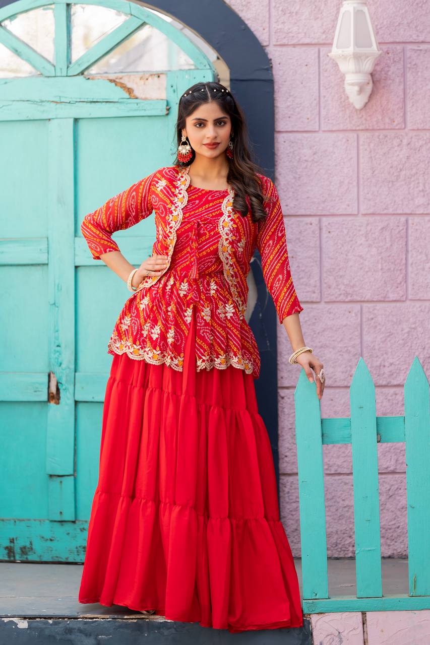 Bandhej Crop Top Lehenga Set with Embroidered Jacket | RoopRivaaj
