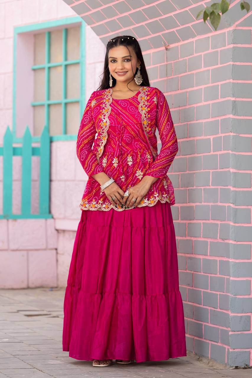Bandhej Crop Top Lehenga Set with Embroidered Jacket | RoopRivaaj