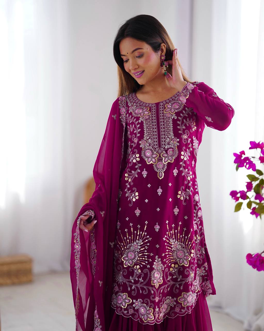 Thread Embroidered Georgette Sharara Set with Dupatta | RoopRivaaj