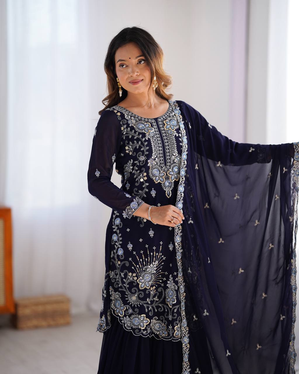 Thread Embroidered Georgette Sharara Set with Dupatta | RoopRivaaj