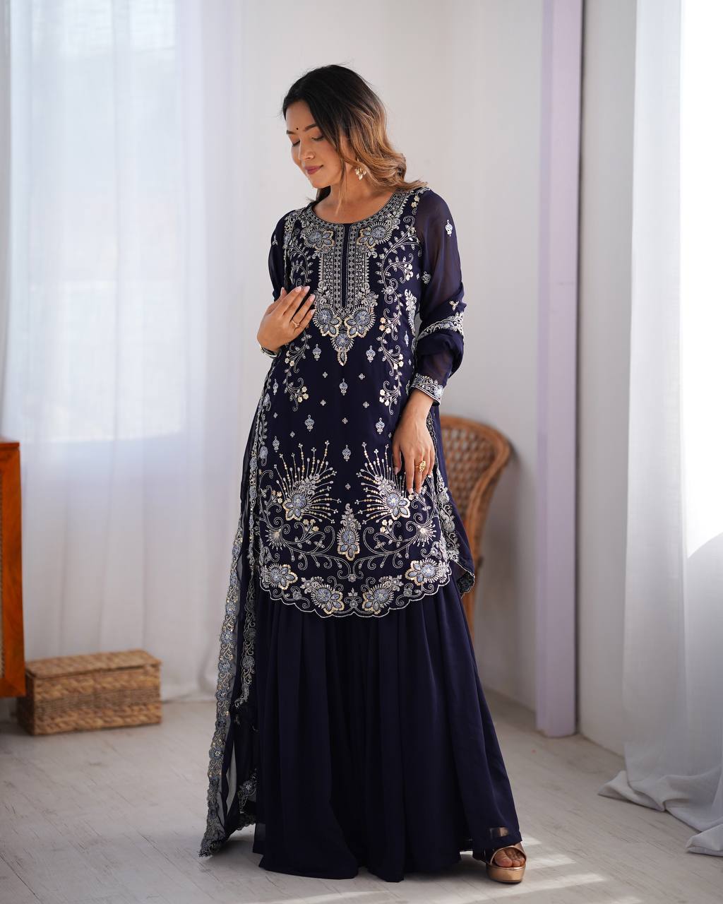 Thread Embroidered Georgette Sharara Set with Dupatta | RoopRivaaj