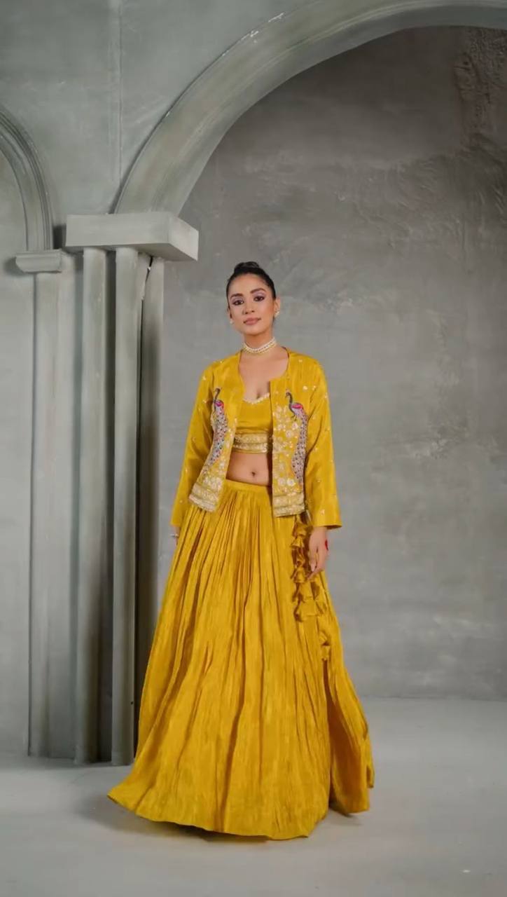Premium Chinon Crop Top Lehenga Set with Embroidered Jacket | RoopRivaaj