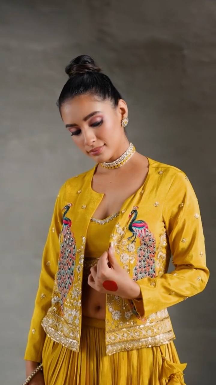 Premium Chinon Crop Top Lehenga Set with Embroidered Jacket | RoopRivaaj