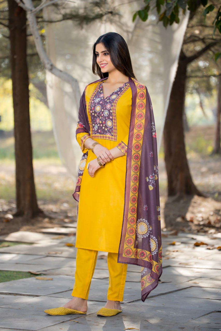 Elegant Cotton Straight Kurti Pant Dupatta Set | RoopRivaaj