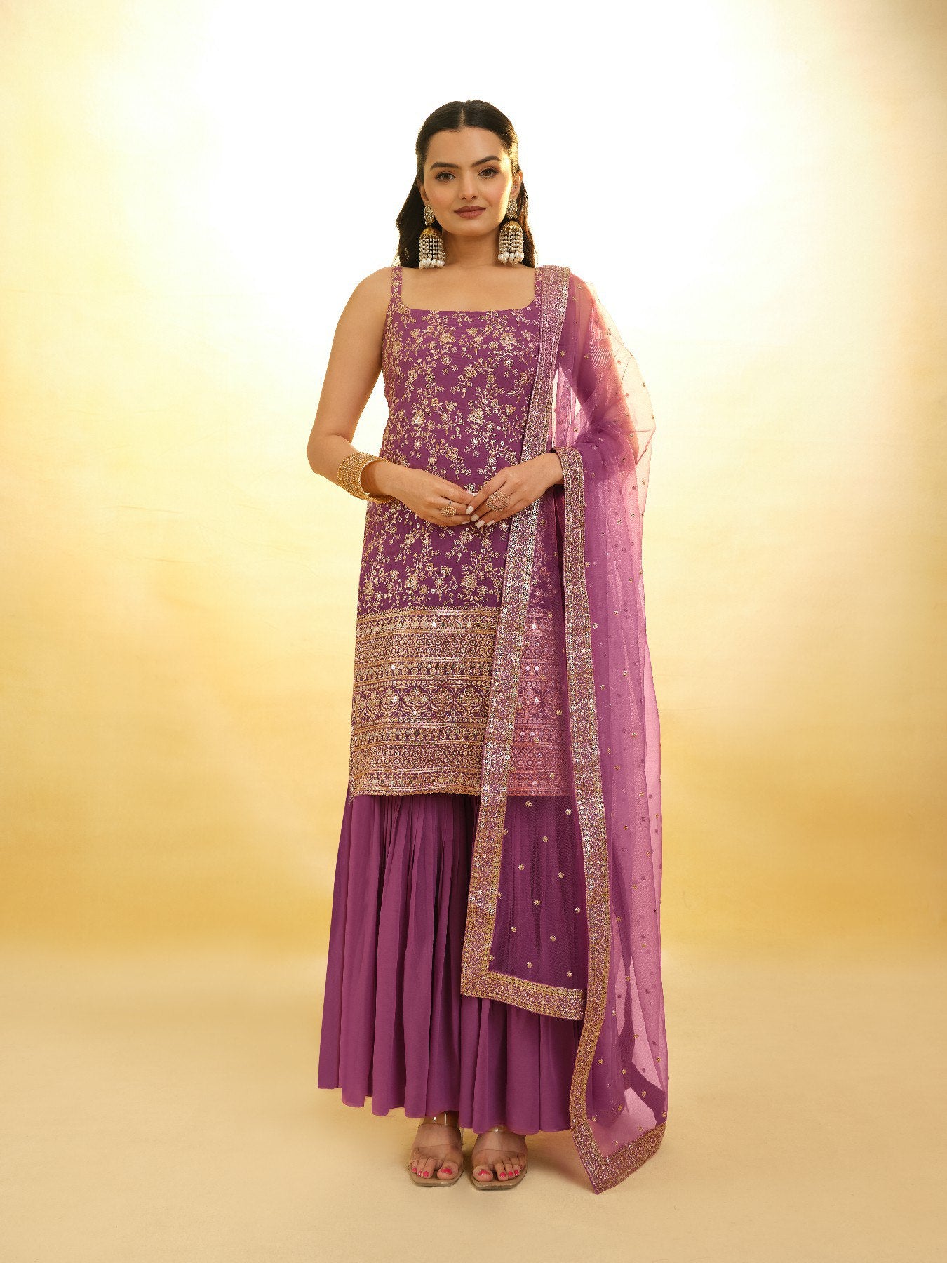 Georgette Sequins Embroidered Top Sharara Set with Dupatta | RoopRivaaj