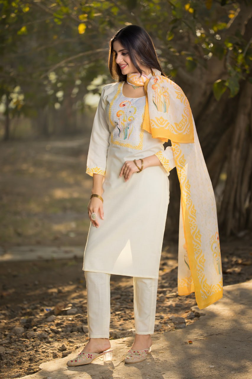 Elegant Cotton Straight Kurti Pant Dupatta Set | RoopRivaaj