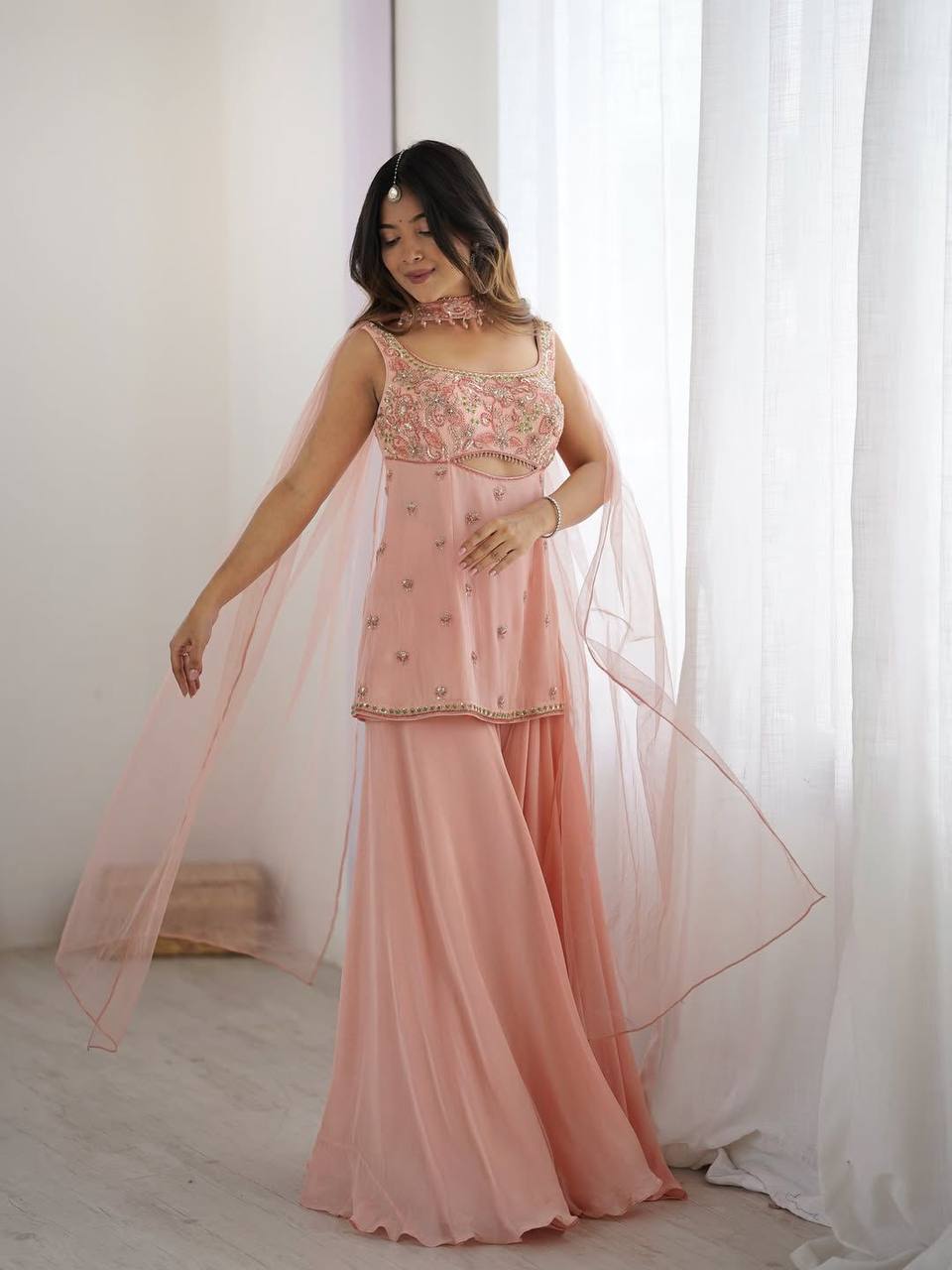Indo Western 3-Piece Georgette Set with Sequins Embroidery | RoopRivaaj