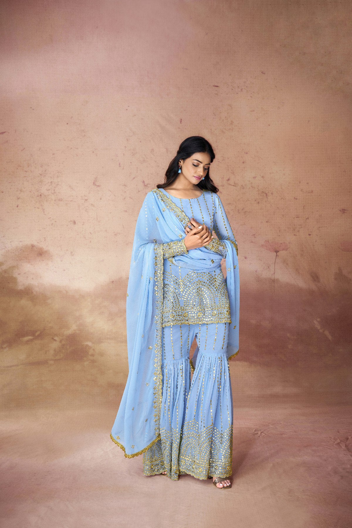 Georgette Sequin Embroidered Top Sharara Suit | RoopRivaaj