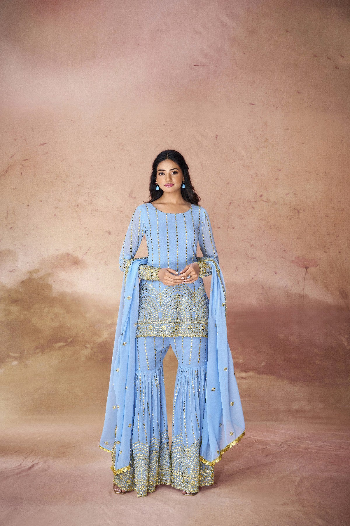 Georgette Sequin Embroidered Top Sharara Suit | RoopRivaaj