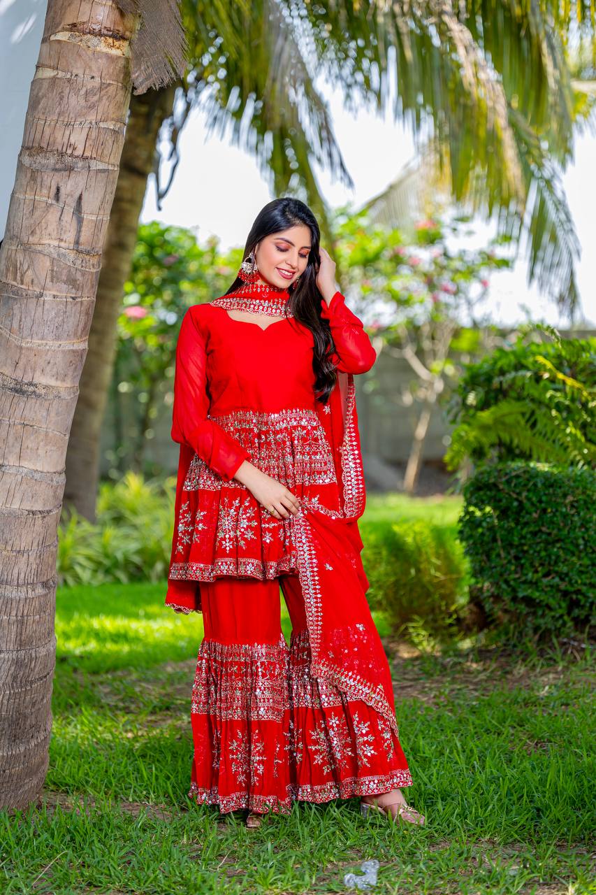 Designer Party Wear Sharara Suit Set with Embroidered Top and Dupatta | RoopRivaaj