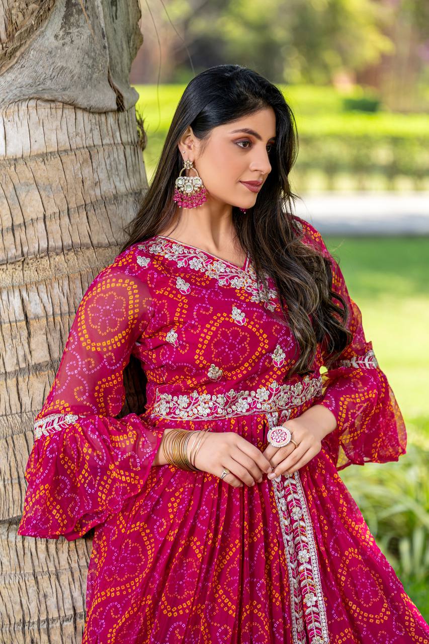 Bandhej Shrug with Choli and Chinon Lehenga Set | RoopRivaaj