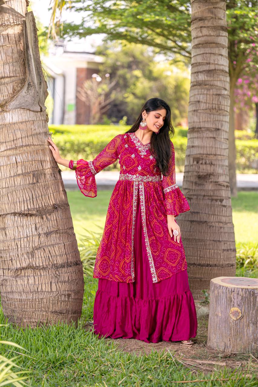 Bandhej Shrug with Choli and Chinon Lehenga Set | RoopRivaaj