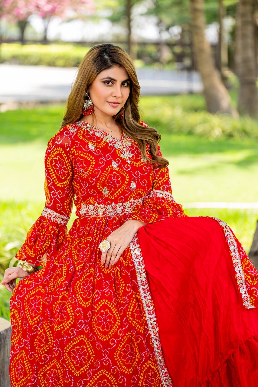 Bandhej Shrug with Choli and Chinon Lehenga Set | RoopRivaaj